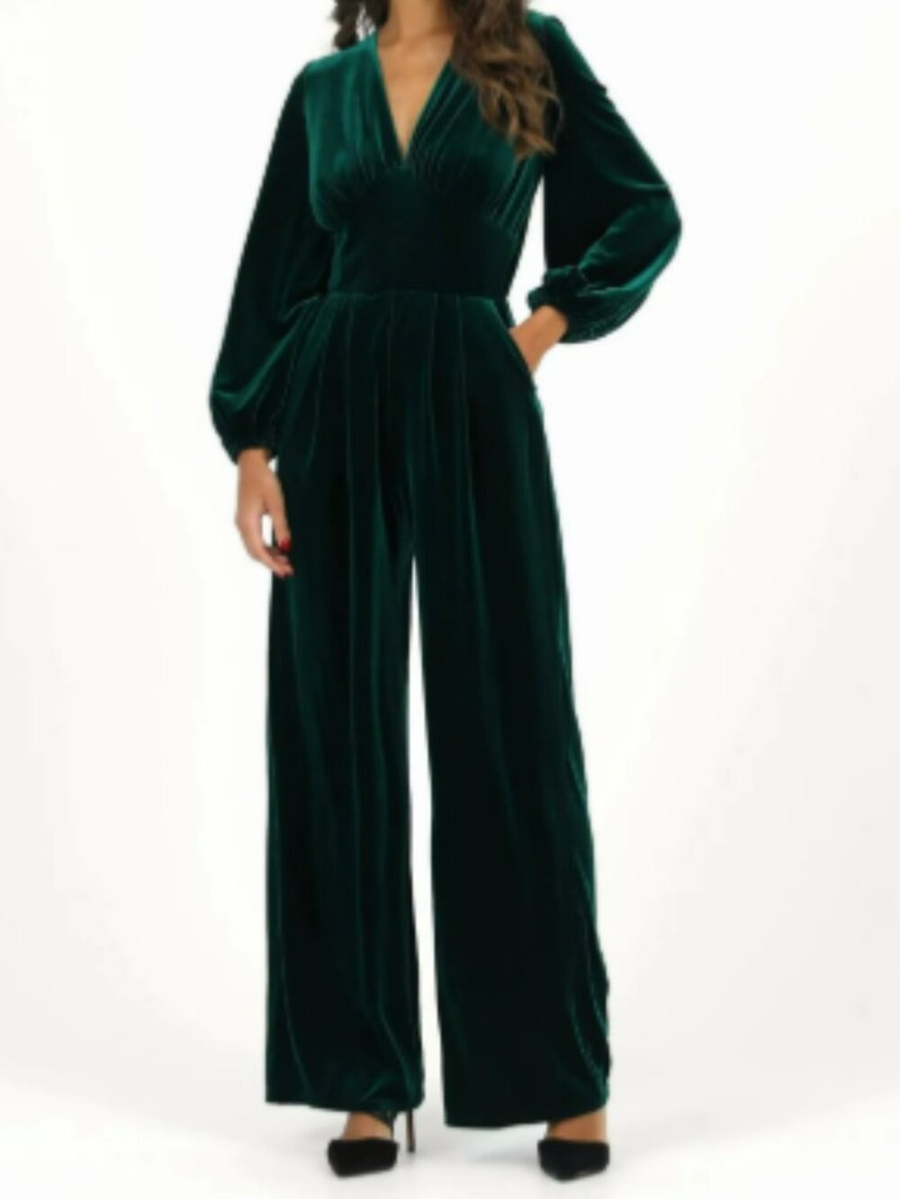 Emerald Green Velvet Long Sleeve Wide Leg Jumpsuit with Tie Belt – Size XXL